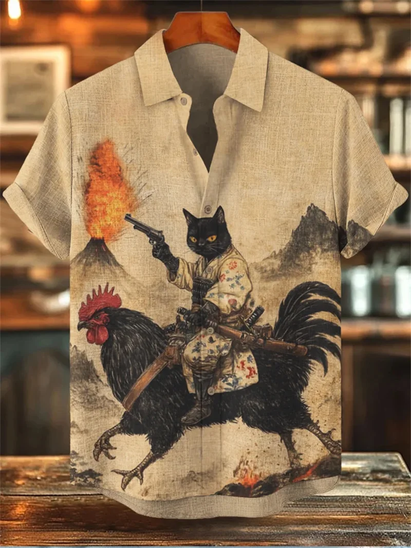 Men's Linen Henry Cat 3D Cherry Blossom Printed Shirt Summer Short-Sleeved Shirt Hawaiian Men's Fashionable Casual Top