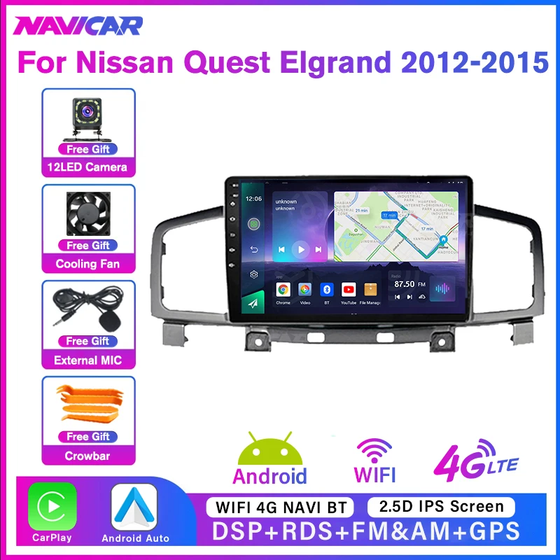 NAVICAR 2 Din Android10 Car Radio For Nissan Quest Elgrand 2012-2015 GPS Navigation 8Core 8G+128G Stereo Receiver Carplay IGO