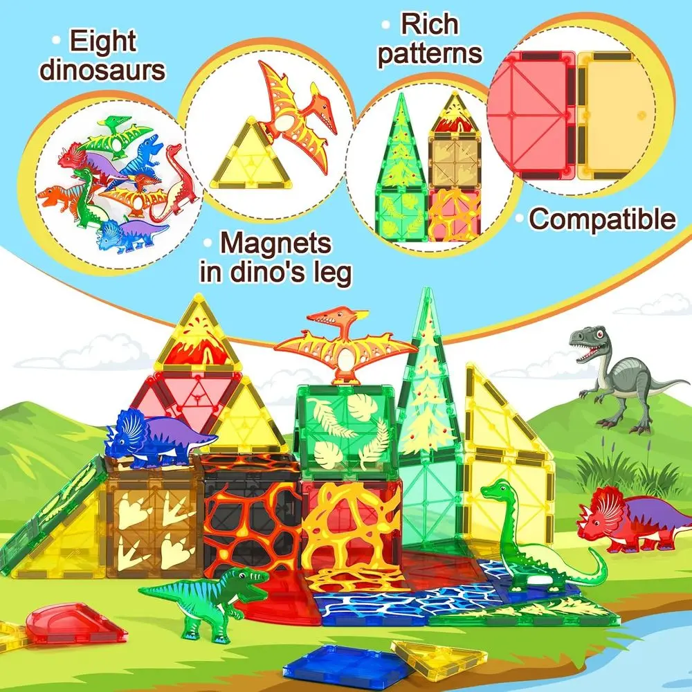 Jurassic Adventure: piastrelle magnetiche di dinosauri da 102 pezzi con 8 figure, set da gioco sensoriale educativo per bambini dai 3 anni in su