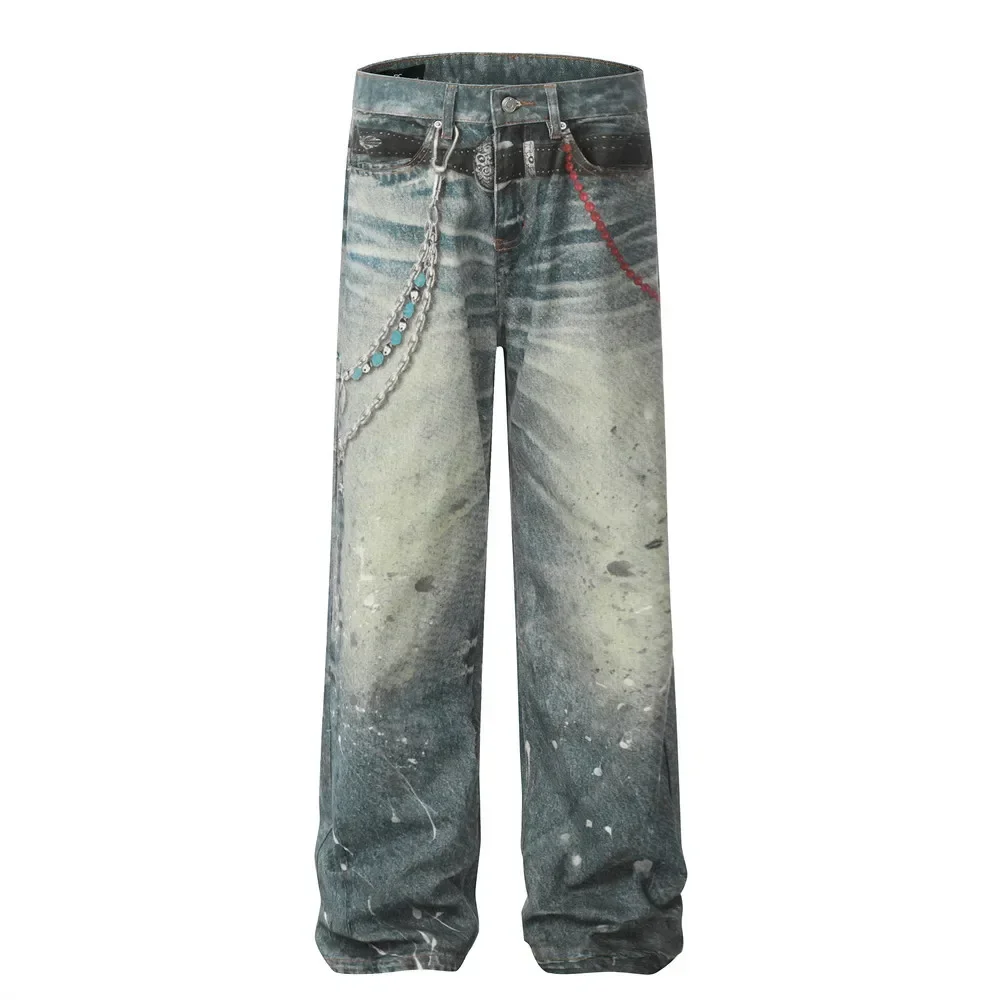 

Men's Hip-hop Punk Jeans with Chain Pendants and Printed Patterns. Splashed with Ink, Individual Straight-leg Long Pants.