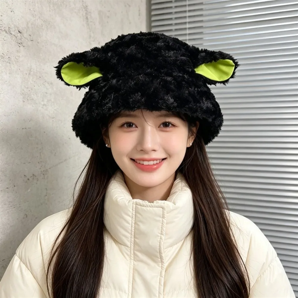 Kawaii Plush Plush Bucket Hat Fuzzy Soft Sheep Fisherman Hat Fluffy Warm Lamb Ear Hat Women