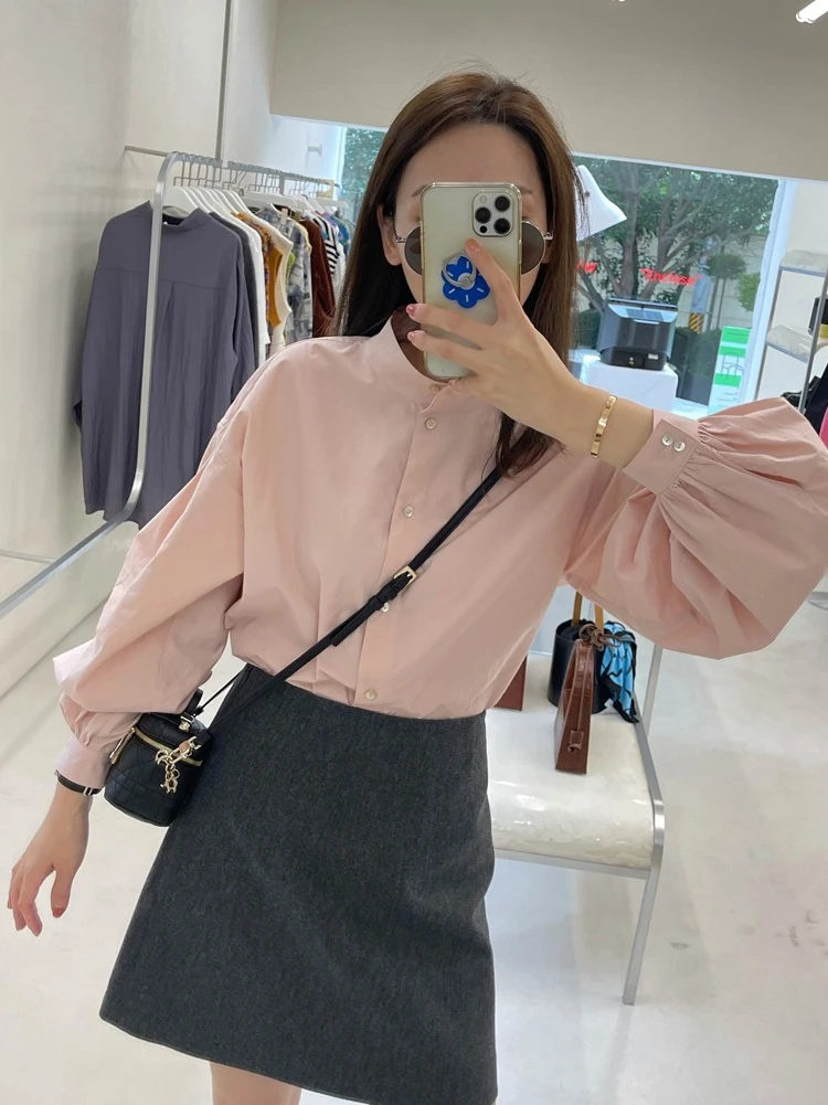 

Дизайнерская женская рубашка с воротником-стойкой, длинным рукавом, розового цвета, делового повседневного стиля, прямого кроя, с пуговицами, модная.