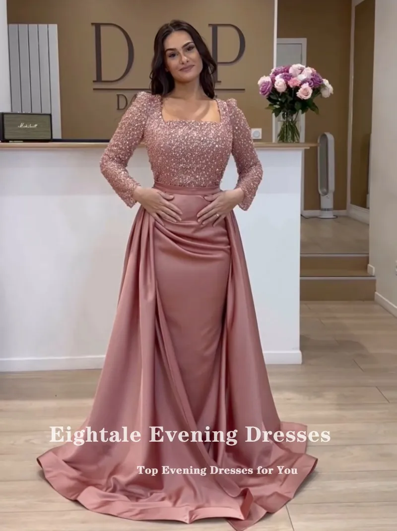 Eightale Baby Pink Evening Dresses with Detachable Skirt Sequined Customized Long Sleeves Mermaid Prom Wedding Party Gown