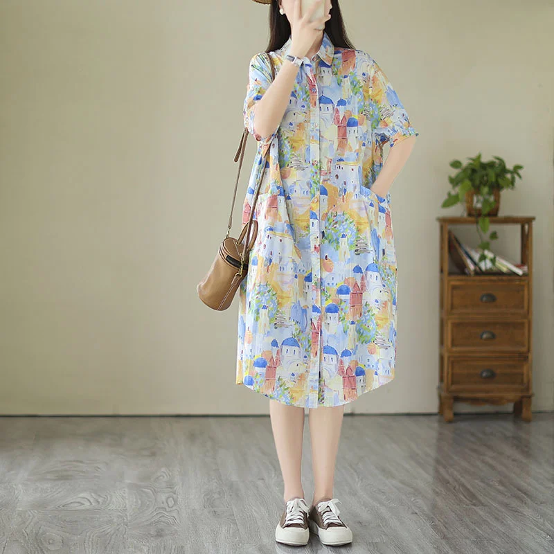 Japanese loose fun cartoon castle print medium and long shirt women's literary retro large size dress