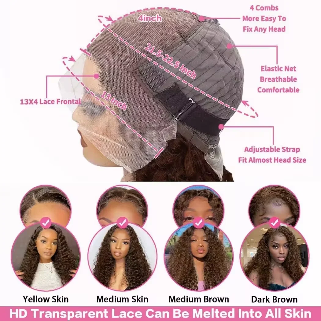 200 الكثافة الشوكولاته براون شعر مستعار 13x4 الشعر البشري 30 بوصة الملونة شعر بشري مجعد الباروكات موجة عميقة HD قبل قطعها الدانتيل شعر مستعار أمامي