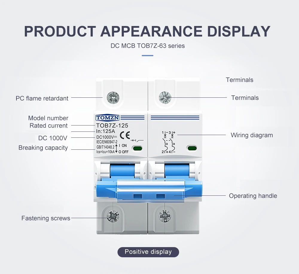 TOMZN 2P 1000V DC MCB TOMZN 80A 100A 125A Leistungsschalter PV-System C-Kurve Batterie-Hauptschalter – Detail 8