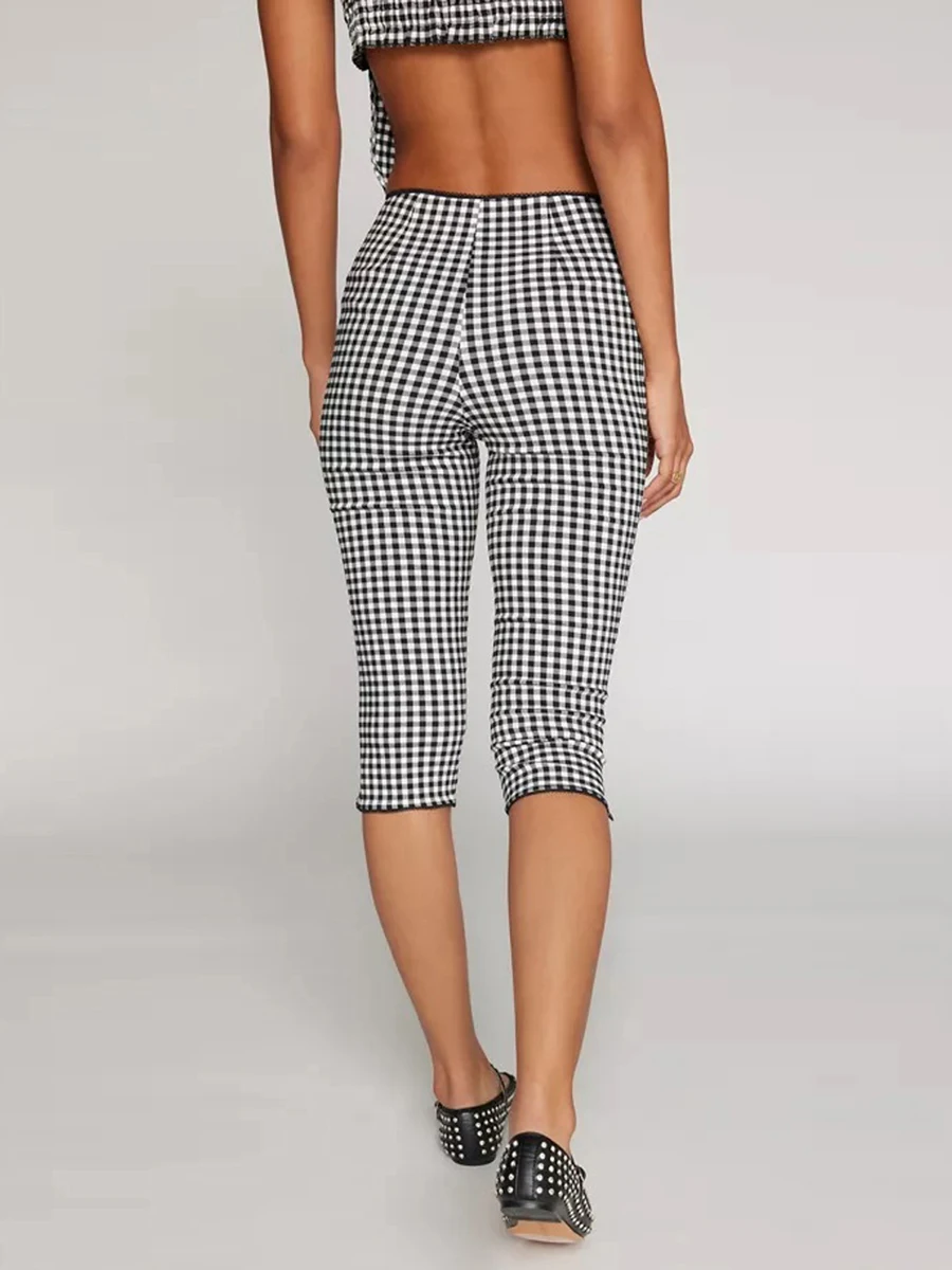 Women Gingham Capri Pants Plaid Cropped Pants Skinny Trousers 3 4 Length Pants Summer Going Out Bottoms