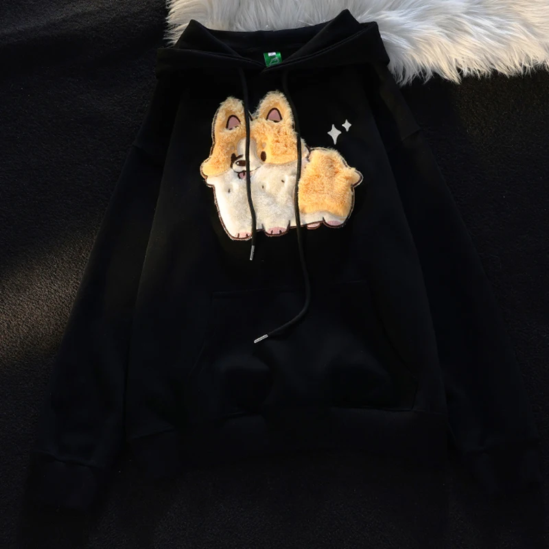 Embroidery Corgi Hooded Sweatshirt Ladies Loose and Sweet Hoodies Women Autumn Winter Casual Women\'s Long Sleeve Pullover Y2K