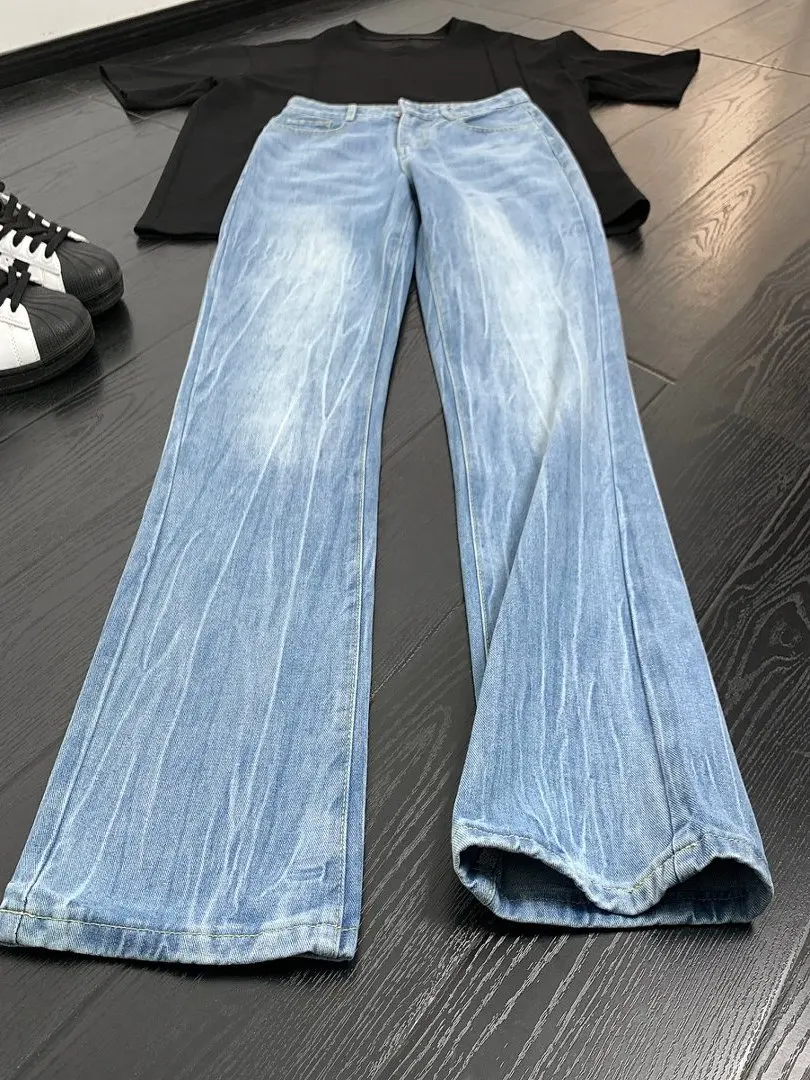 

Light Blue Waed Lightning Pattern Men's Slim High Waist Lifted Jeans American High Street Straight Micro Flared Pants