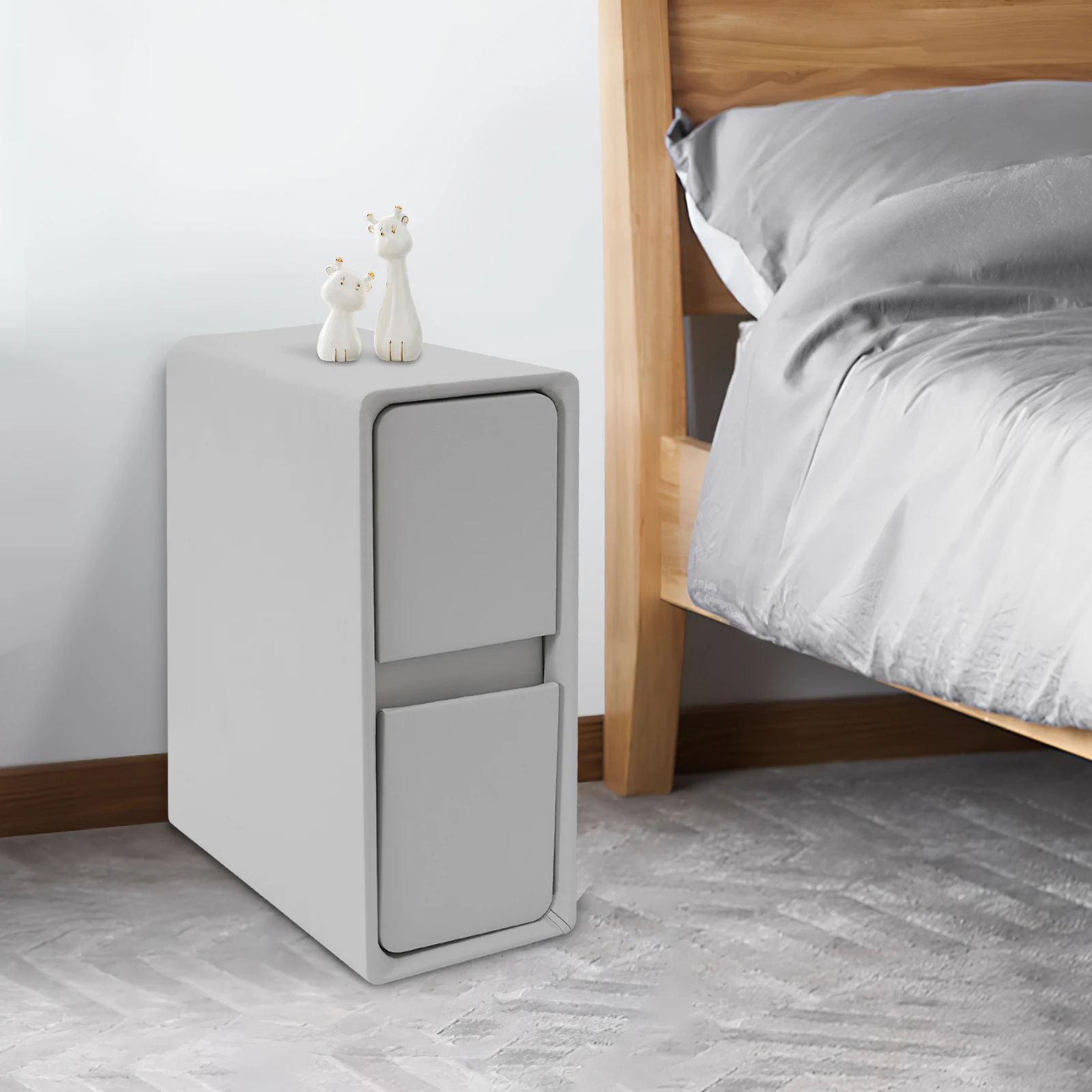 

PU Gray Floor Standing Bedside Table With Drawer Storage Cabinet, Snack Book And Grocery Storage Box