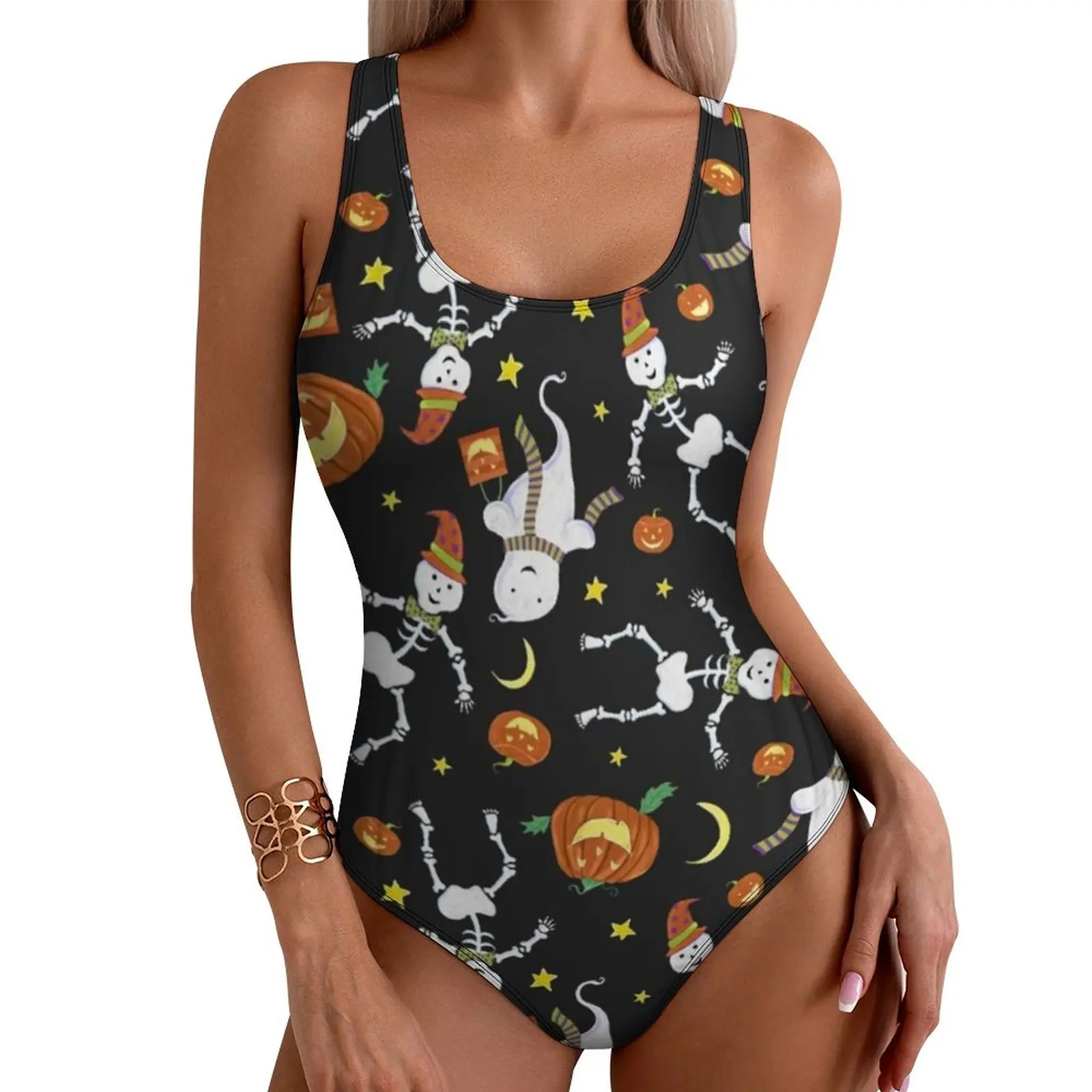 Halloween Bone Skeleton Swimsuit Cartoon Ghost Pumpkin Push Up Swimwear One Piece Surfing Bathing Suit Bodysuit Sexy Beachwear