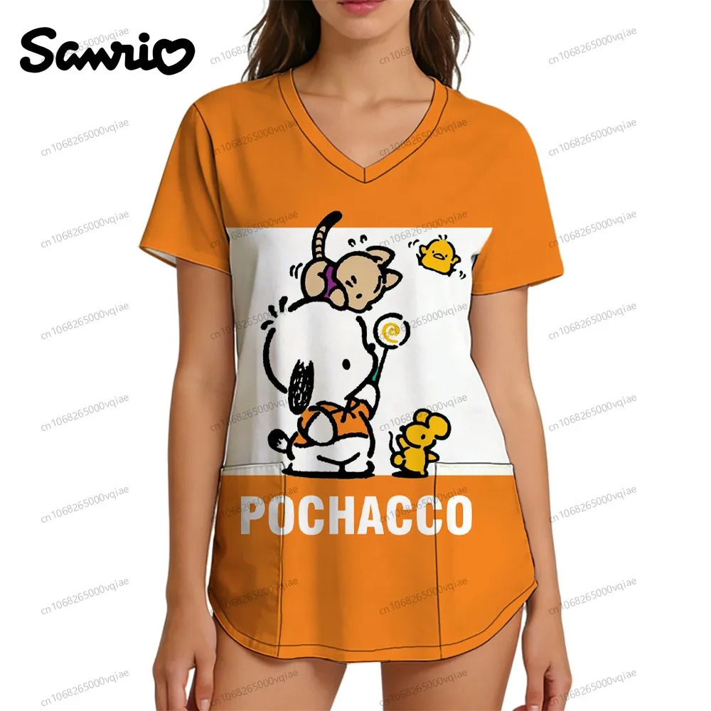 

2026 New Pocket Pochacco S-2XL Women's T-shirt Summer Nurse Uniform V Neck T Shirt Y2k Clothes Kawaii Trend 3D Print Fashion