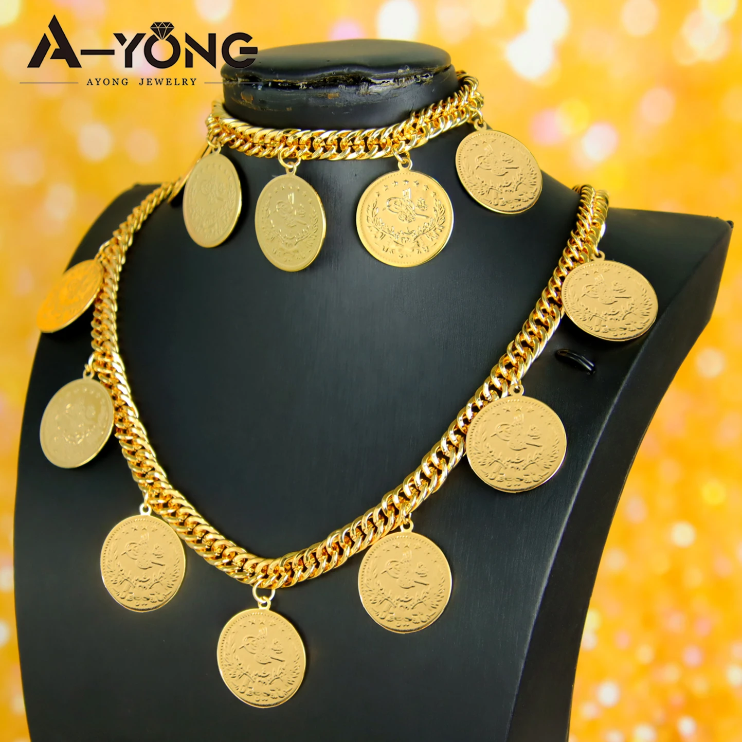 Türkische vergoldete Münzen Schmuckset 21 Karat Gold Farbe Arabische Mode Kubanische Halskette Armband Dubai Frauen Braut Hochzeit Schmuck – Detail 1