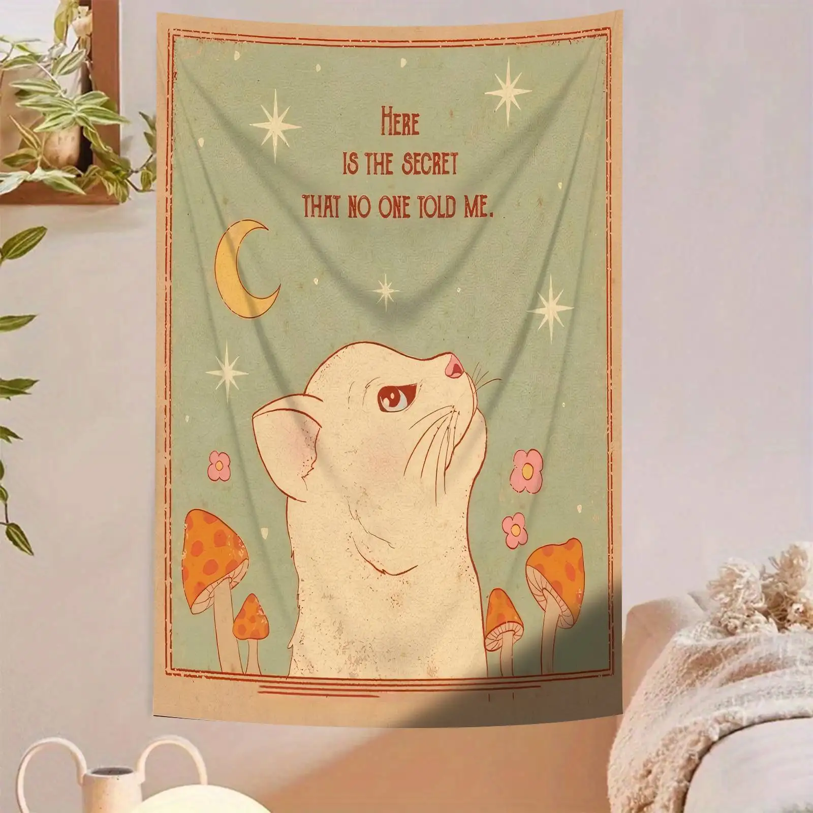 Whimsical Cat & Mushroom Tapestry - Large Wall Hanging with Inspirational Quote, Pastel Sky Design, Perfect for Bedroom
