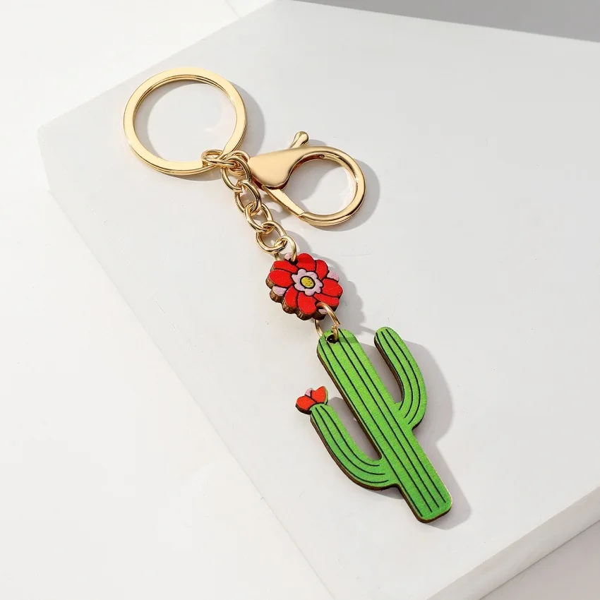 Creative Rustic Wooden Sunflower Cactus Pendant Keychain Cactus Keyring Car Keys Holder Backpack Bag Accessories Gifts