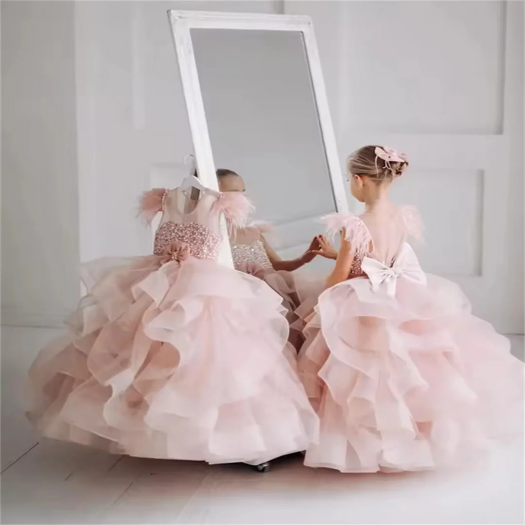 Customized Blush Pink Flower Girl Dresses For Wedding Layered Feather Pearls With Bow Graceful Kids Birthday Party Banquet Gown