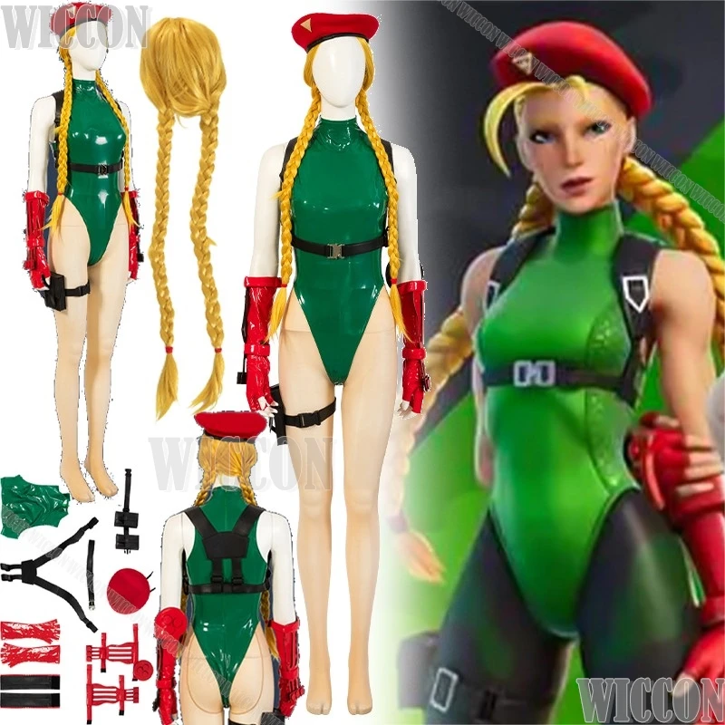 

Cammy White Killer Bee Game Coaplay Costume Green Leather Jumpsuit Blond Braid Wig Sexy Women Girl Halloween Roleplay Customized
