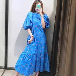 2024 Summer Dress Women Long Maxi Vintage Puff Sleeve Floral Embroidery Blue Loose Dress O-Neck Casual Female Clothing Korean