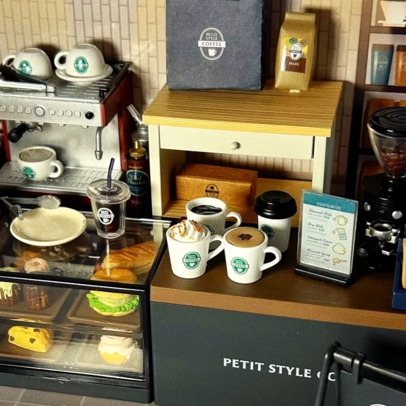 Original re-ment figura estilo pequeno café caixa cega cena em miniatura doces brinquedo talheres ornamento coleção crianças presente