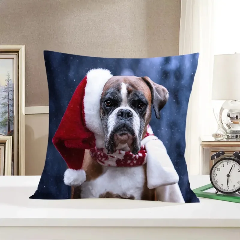 Home Decor Fashion Merry Christmas Dog Pet Boxer Printed Polyester Pillowcase for Bedroom Living Room 45x45cm