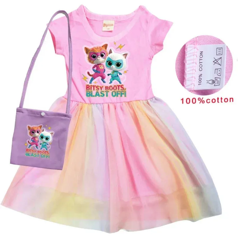 Sky03 Vestido de cosplay para niñas, vestidos de súper gatitos con bolsa y diadema para disfraz de supergatitos, manga corta para niñas 55Hu %