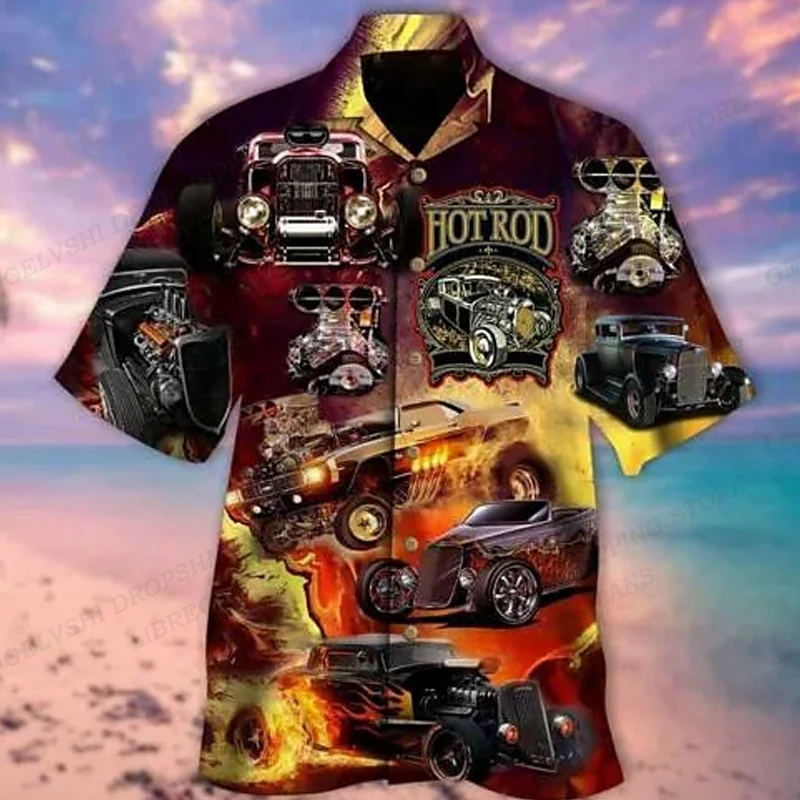 Camisa estampada para carros havaianos masculina, blusa de praia casual, lapela vocacional, moda motocicleta