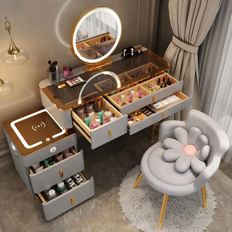 Multifuncional Princesa Dressing Table com Espelho LED, Vaidade Inteligente, Carregamento Sem Fio, Quarto Convertible