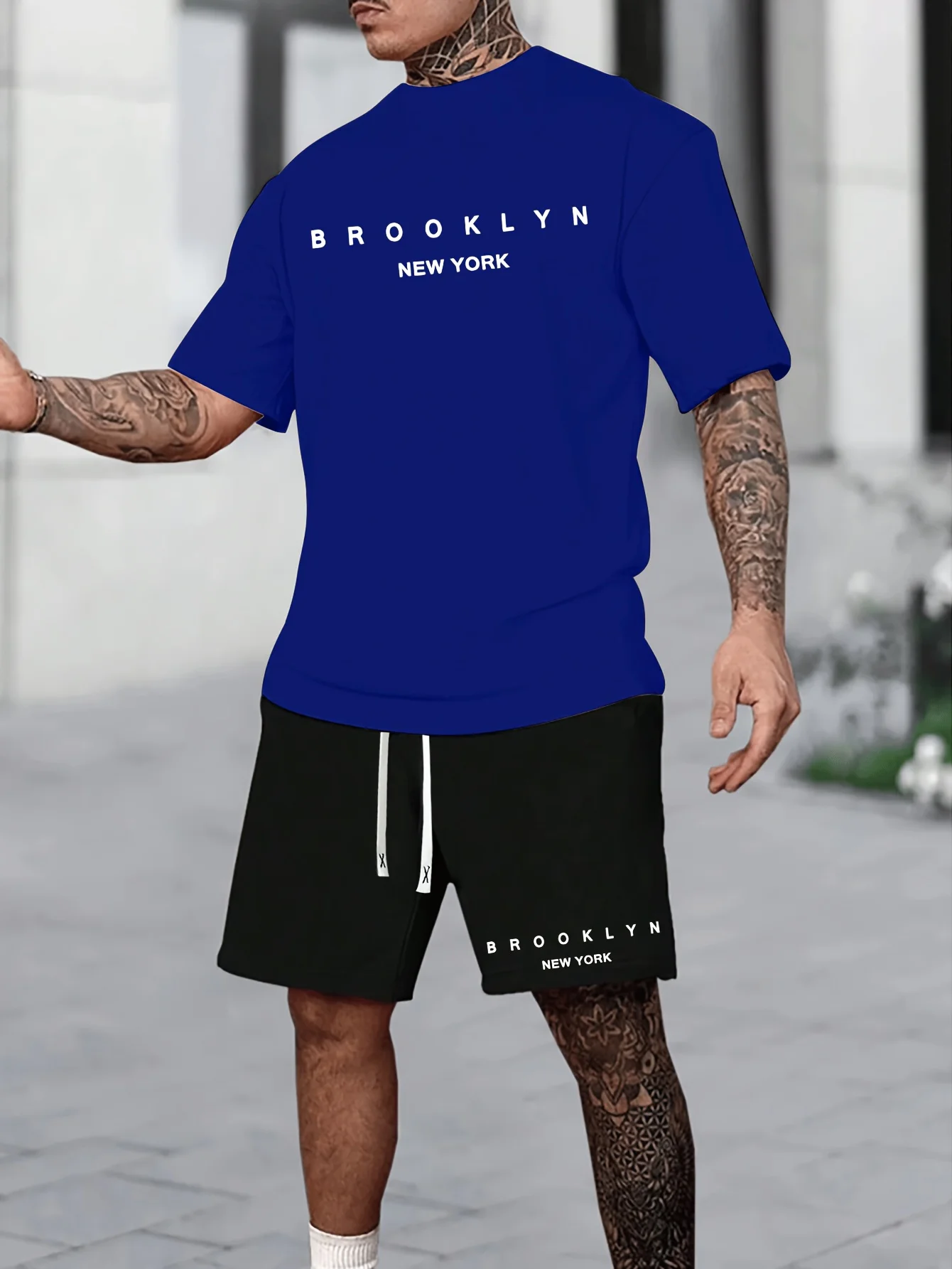 Classic Men's Summer Oversized New York Print Set Slim-Fit Casual Crewneck Short-Sleeve T-Shirt Drawstring Shorts Two-Piece Set