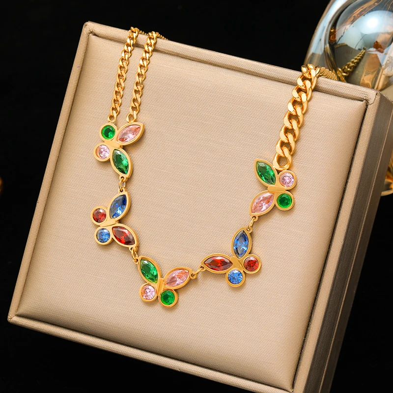EILIECK 316L Stainless Steel Colorful Zirconia Butterfly Flower Necklace For Women Girl Fashion Neck Chain Jewelry Holiday Gifts