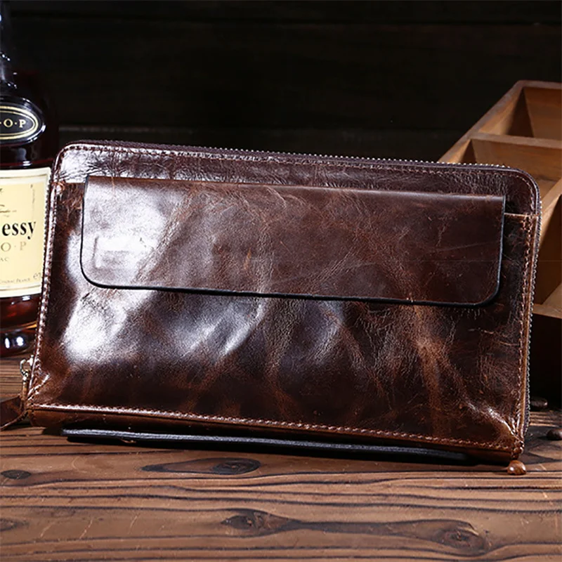 

Oil Wax Cowhide Purse Wrist Handy Bags Vintage Card Holder Cell Phone Case Money Bag Genuine Leather Men Long Clutch Wallet