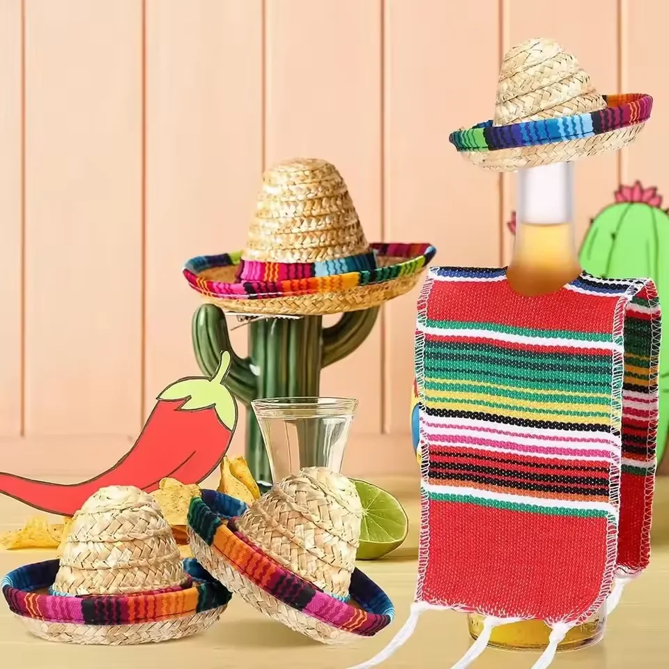 Mini Mexikanischer Karneval-Strohhut, Rotweinflaschenhut, Naturgeflecht-Hut, Party-Deko, kleiner Strohhut, Puppen-Esstisch-Party-Requisite – Detail 5