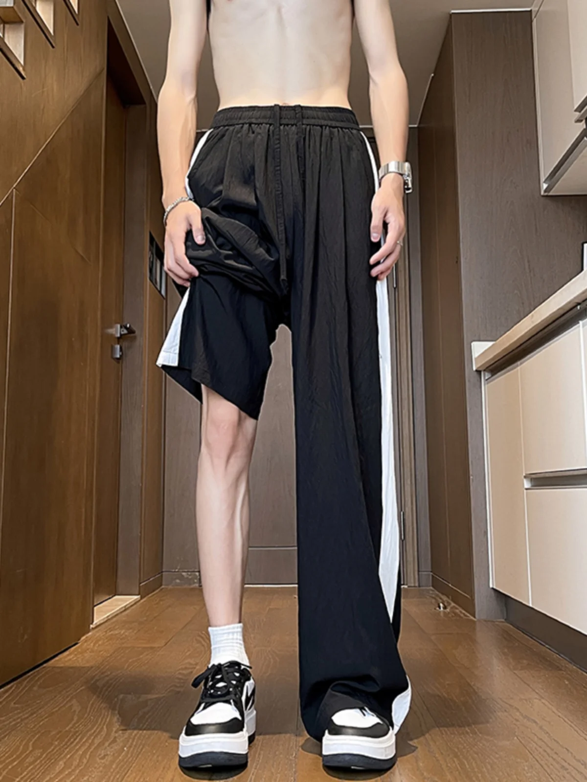 

Мужские летние повседневные брюки свободного кроя с эффектом охлаждения, тонкие, в американском уличном стиле, с вставками, черные