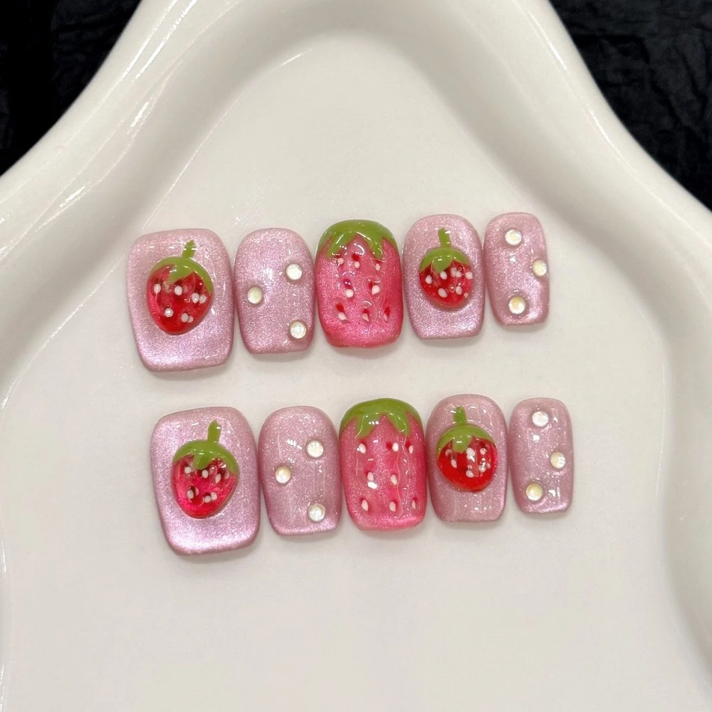 Sweet Kawaii Fashion Cat Bear Handmade Long Coffin Ellipse Fake Nails Bowknot Pearl Diamond Skirt Edge French Press On Nails view 5