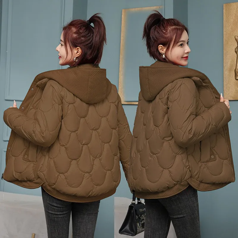 Cross Border New Fake Two Piece Down Cotton Jacket for Women Short Hooded Winter Thick Small and Spliced Jacket Fashion Simple