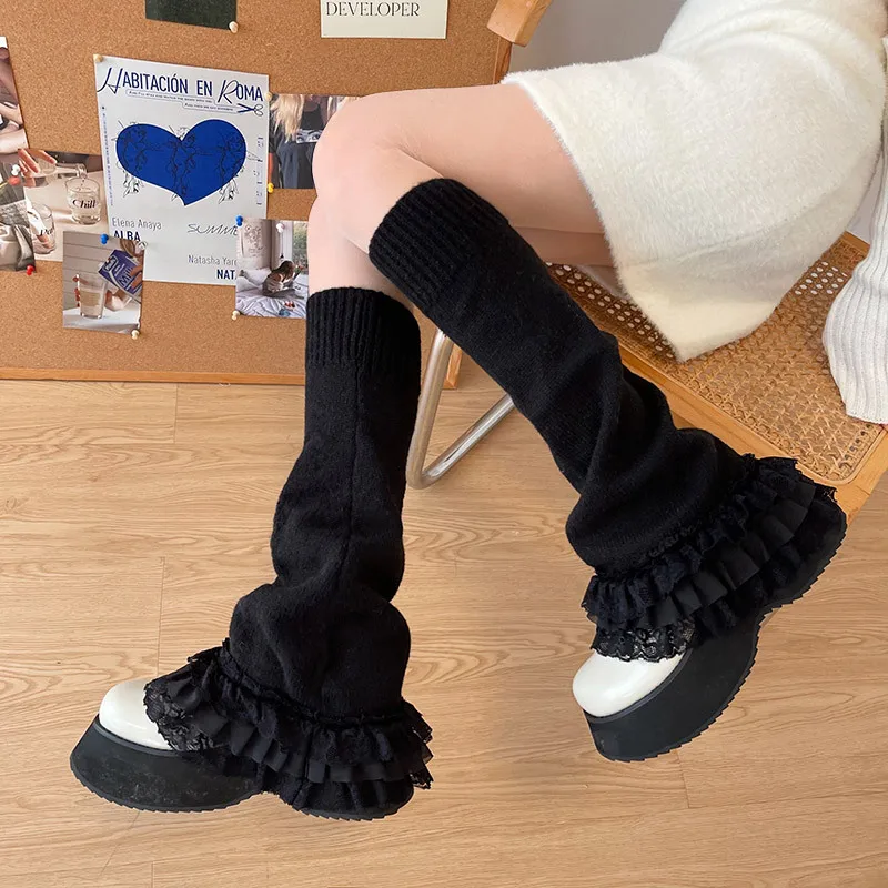 Women Lolita Kawaii Lace Ruffle Leg Warmers Boot Cuffs Knit Socks Harajuku Japanese JK Y2k Sweet Long Flared Warmer Sock