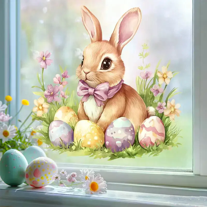 Easter Bunny And Flower Stickers Removable Waterproof PVC Decals For Living Room Balcony Window Decor Easter Party Decoration