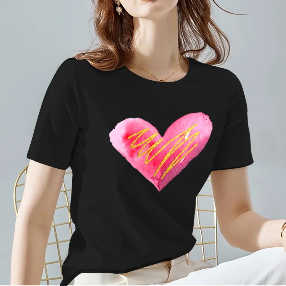 Women T-Shirts Tops Tee Black All-match Casual Ladies O Neck Love Heart Pattern Print Commuter Short Sleeve Women's Clothing