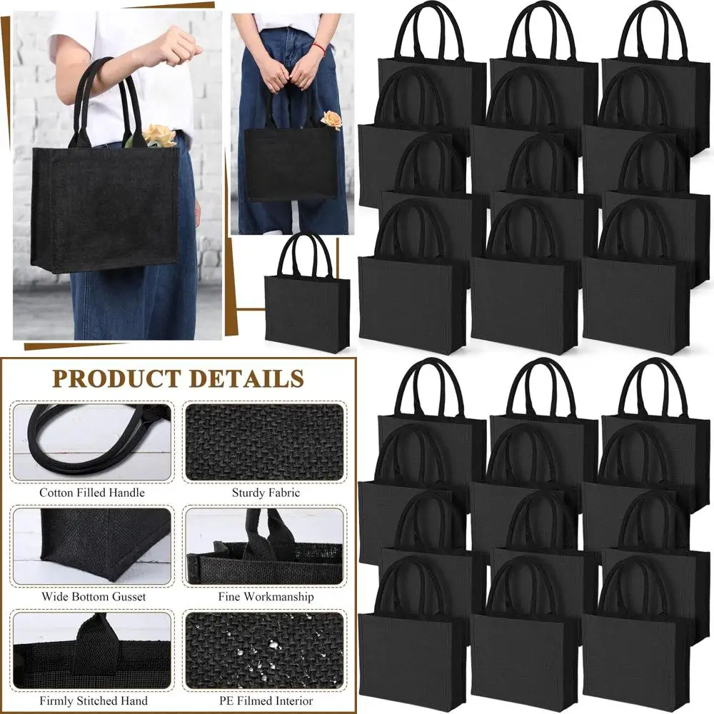 

12 Packs Black Burlap Tote Bags, Jute Wedding Gift Bags with Handles, Reusable for Market, Beach, DIY, 12.2x3.94x9.84 Inches