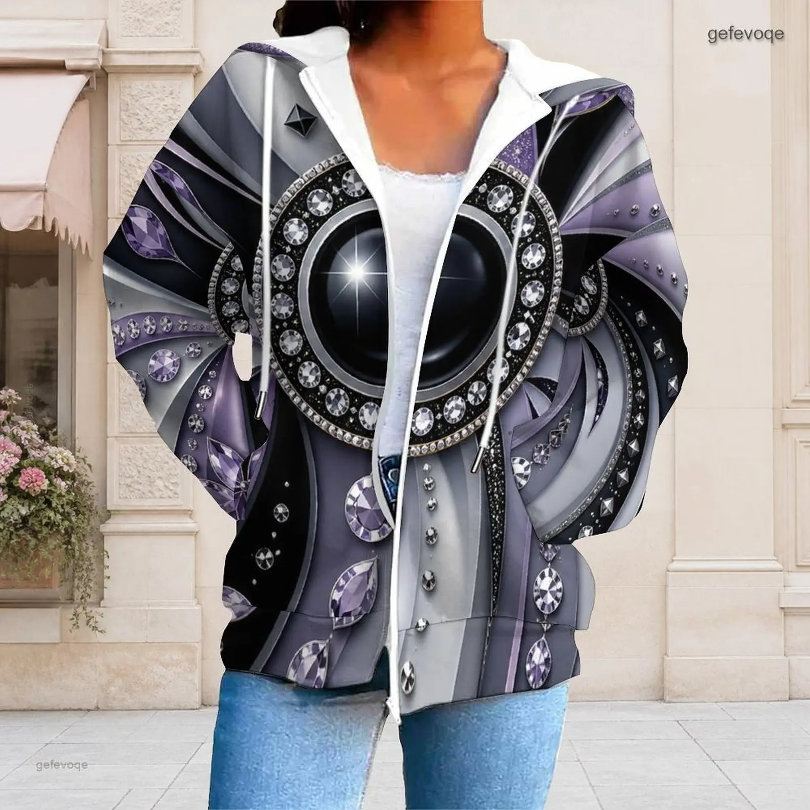 Women All Over Abstract Swirl Blue Purple Teal Dot Printed Zip Up Long Sleeve Hoodie