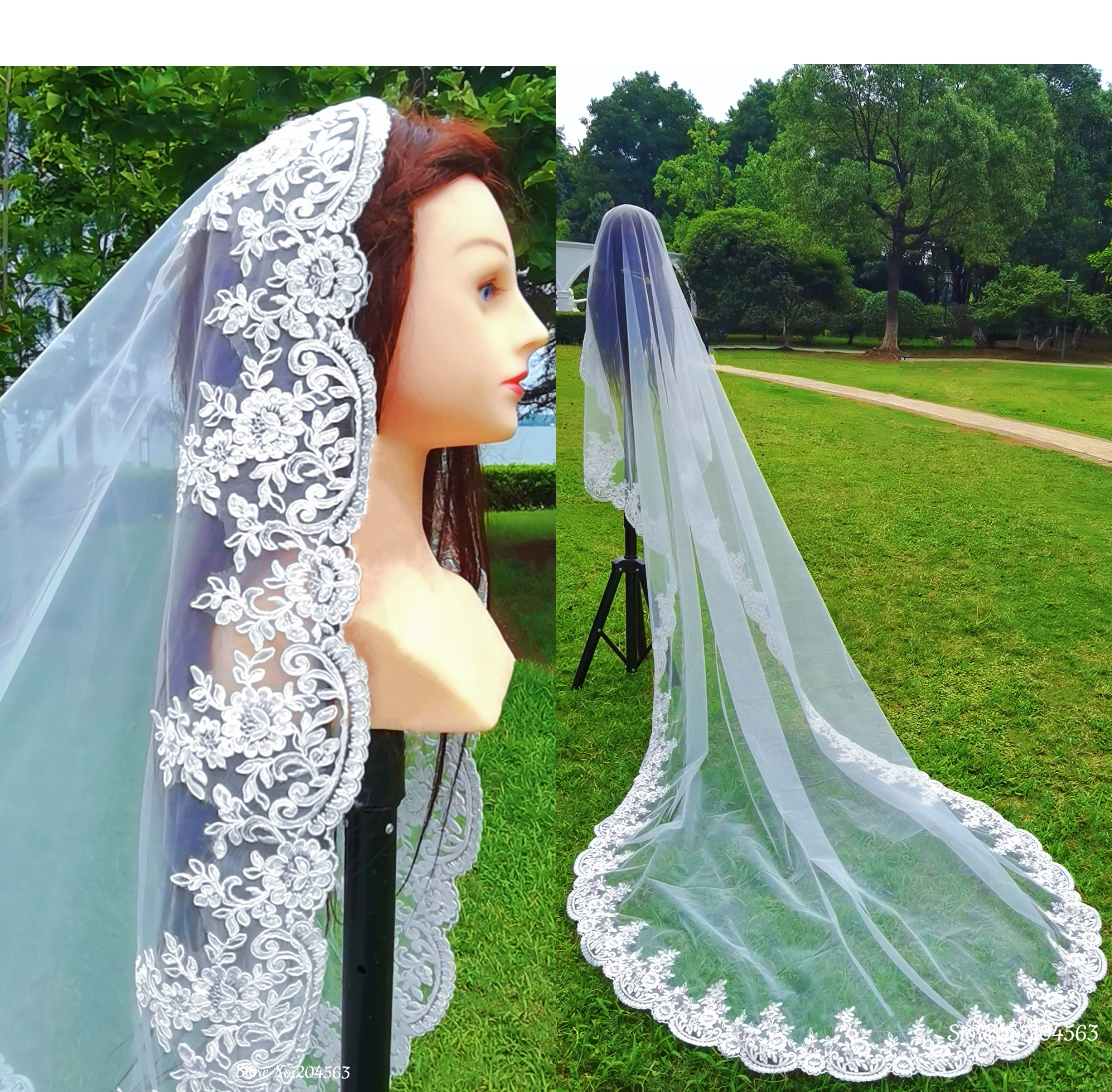 Elegant Lace Wedding Veil 1 Tier Bridal Veil without Comb 3M Long Veil with Soft Tulle Wedding Accessories MM