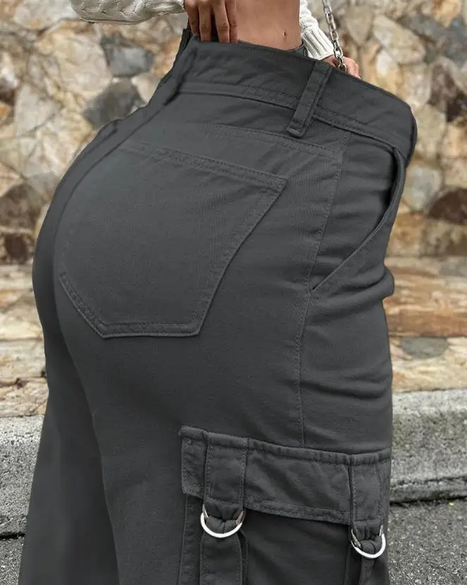 Fashion Personality Street Women's Overalls Straight-Leg Pants Pocket Design High Waist Cargo Pants Daily Casual Trousers