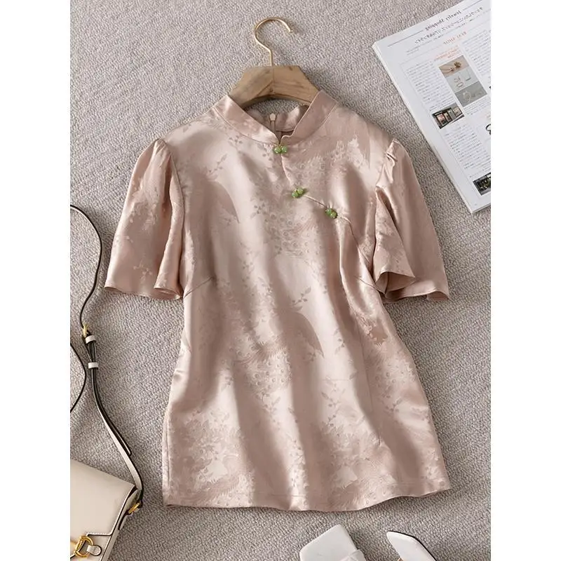 

2024 Chinese improved cheongsam blouse women stand up collar vinatge blouse graceful spring summer T shirt oriental clothing