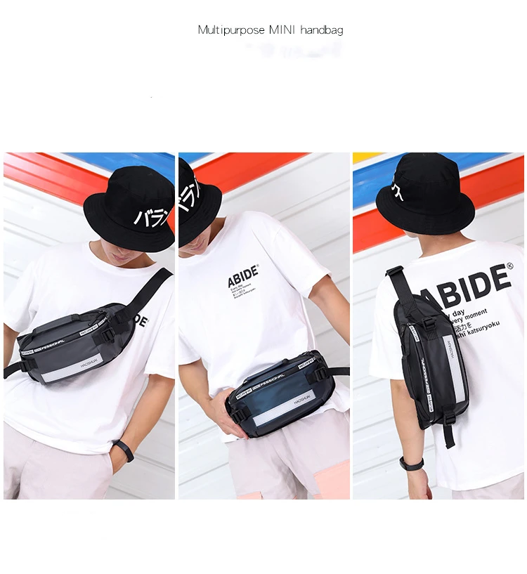 Men Fanny Pack Fashion Daily Street Chest Bag High Quality Reflector Strip Nylon Cashier Waist Bag Run Zipper Waterproof Bag