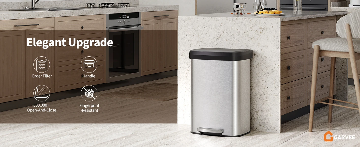 13 Gal / 50L Stainless Steel Step Trash Can – Soft Close Plastic Lid, Liner Rim, Rear Handle, Rustproof Kitchen Garbage Bin, Silver