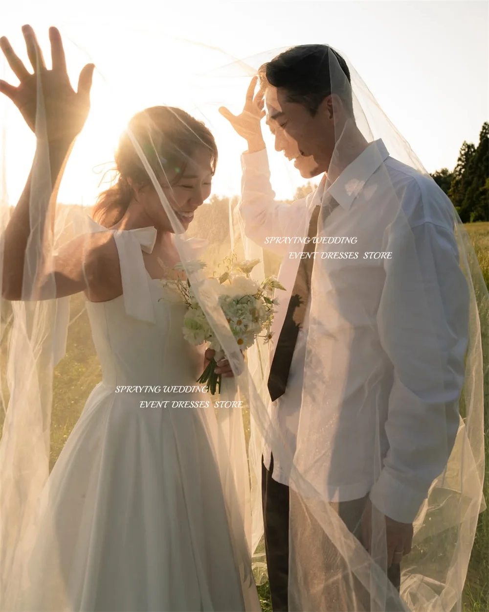 SPRAYING Ivory Bow Strap Wedding Dress Korea Photo Shoot 웨딩드레스 Strapless A line Long Taffeta Bridal Gowns Corset Customized 2025