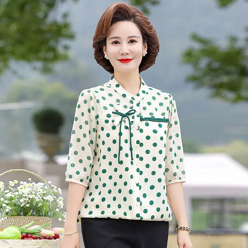 Элегантная летняя одежда для мам, шифоновая блузка с длинным рукавом, свободный модный женский топ среднего возраста