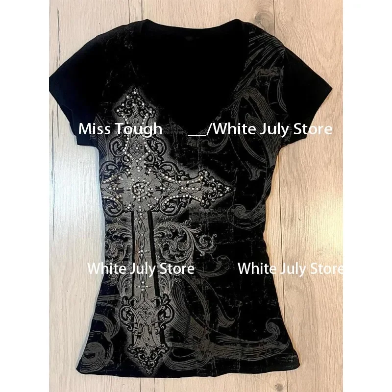 Black Vintage Gothic T-shirts Women Y2k Black Punk Graphic Hoodie Grunge Retro Sexy V-neck Cotton Tees Aesthetic Harajuku Top