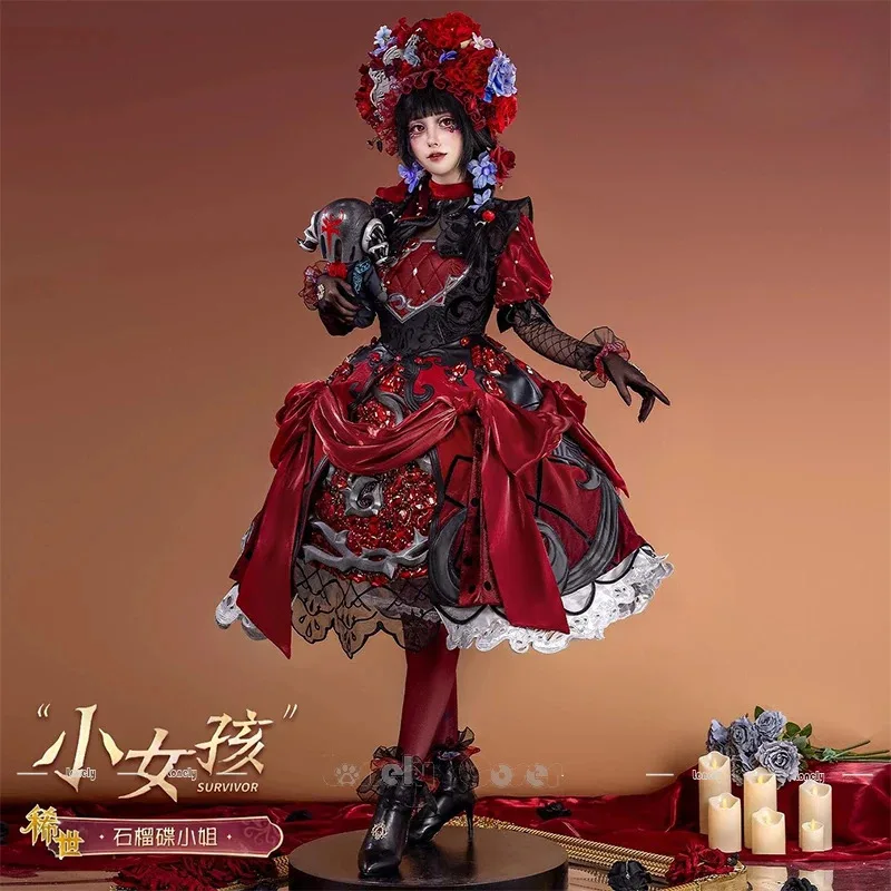 CyIdentity V Bambina Miss Melograno Costume Cosplay Parrucca Alice DeRoss Vestito Copricapi Fermagli per capelli Guanti Puntelli Donne Ragazze Par