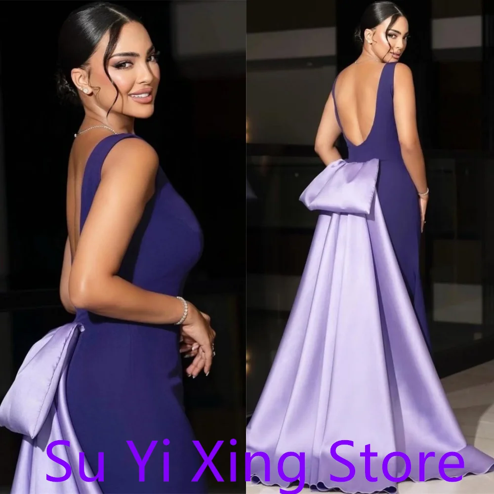 

Customized Temperament Purple Jersey Homecoming Dress Fashion Scoop Cap Sleeve Panel Train Mermaid Bow Backless Vestido De Festa