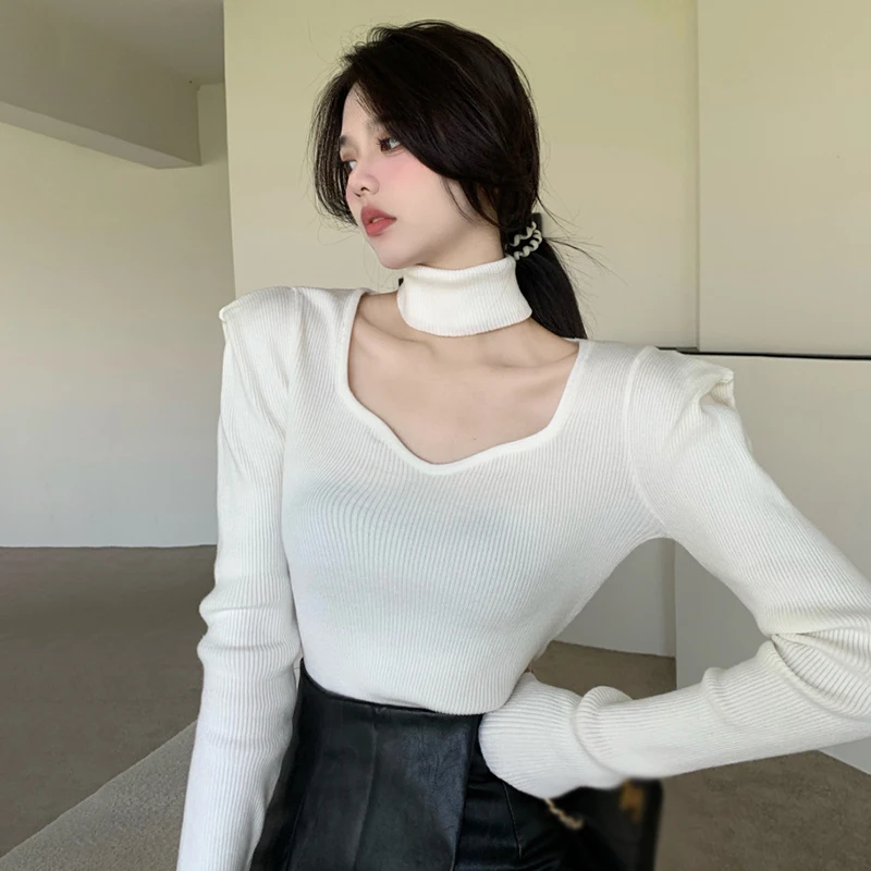 Women Black White Tops Spring Women Korean Sweater Square Collar Bubble Sleeve Slim Fit  Long Sleeve Solid Color Shirts 2023 New